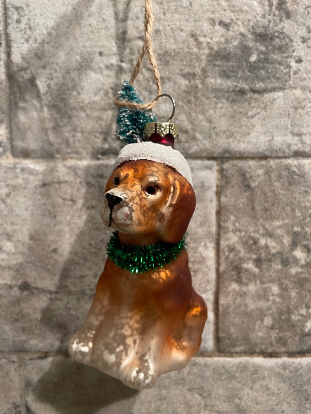 ❤️ POTTERY BARN BLOWN GLASS SANTA DOG ORNAMENT NEW